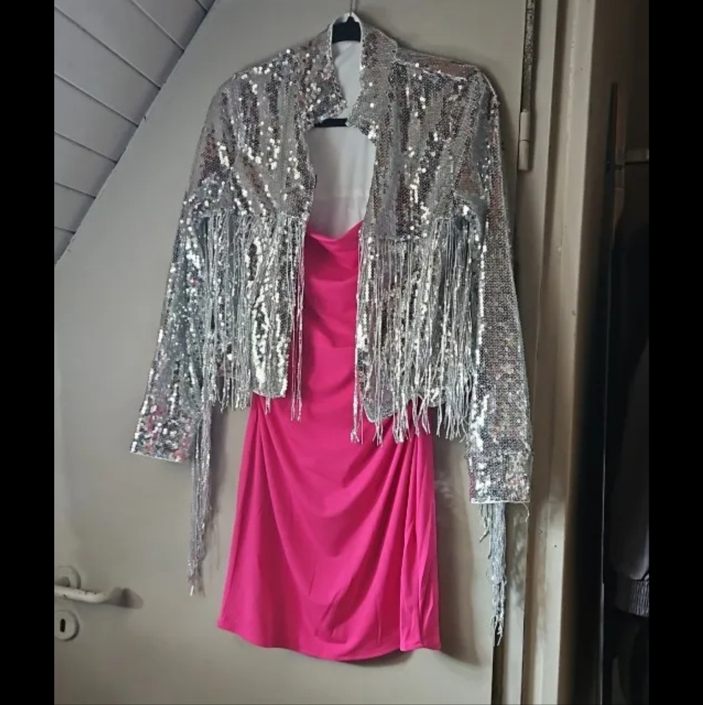 Women Stand Collar Long Sleeve Sequin Fringe Short Zip Jacket Fall Party - Picture 9 of 9